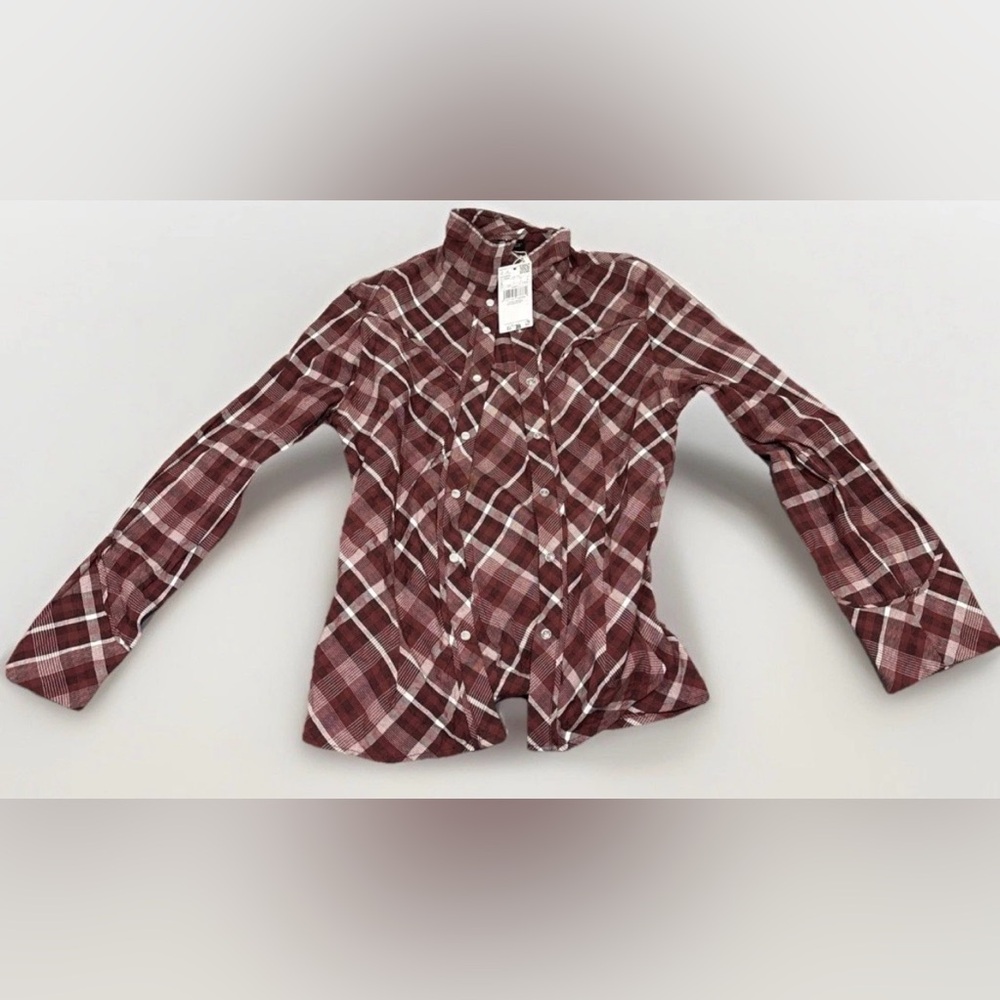 Mango Women’s Burgundy Plaid Check Cotton Shirt Long Sleeve Button Down Size S